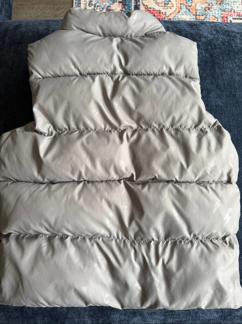 BabyGap Toddler 5 grey puffer vest with lightning bolt design on fabric like new